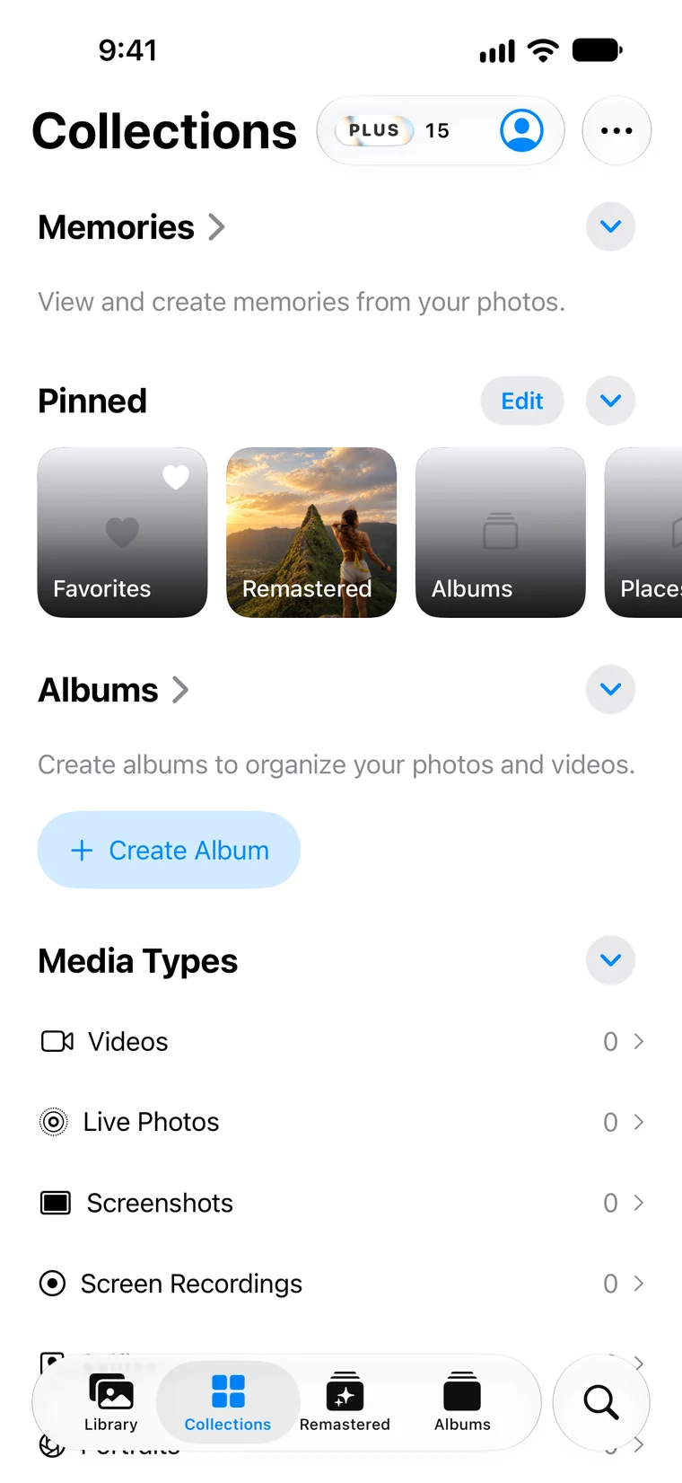 Collections: memories, pinned collections and albums