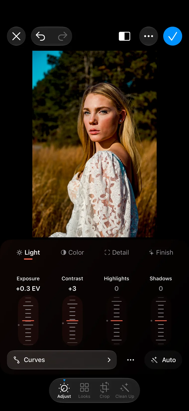 The Adjust tool: Exposure, Contrast, Highlights and Shadows faders