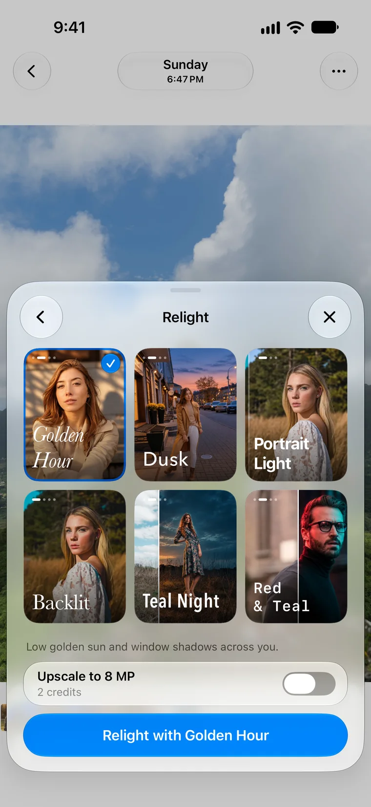 The Relight menu with Golden Hour selected