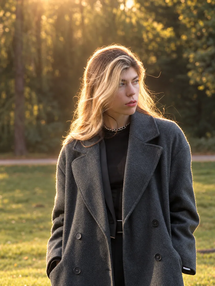 A woman in a grey coat on a lawn, lit from behind by warm sun
