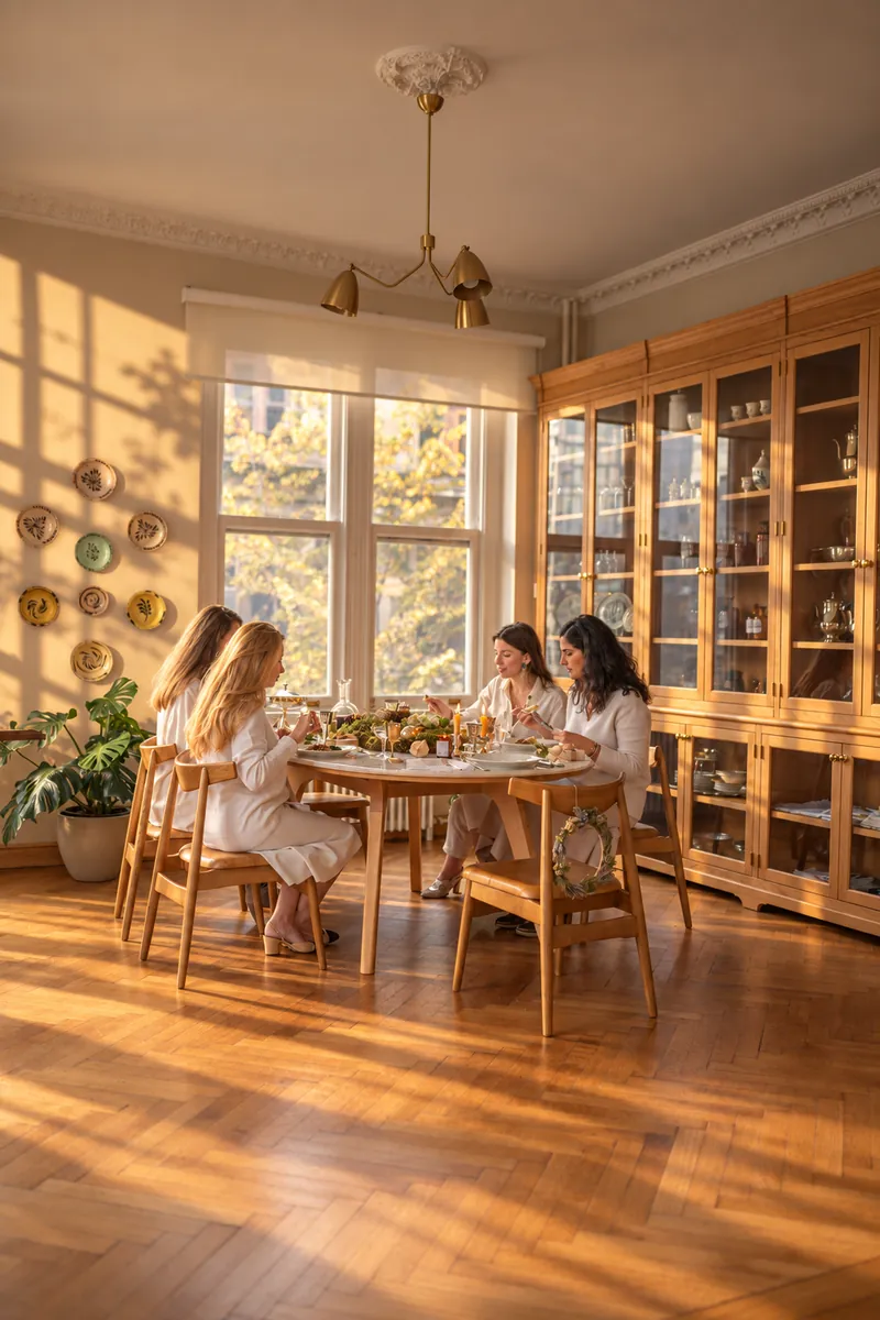 Friends at dinner with sunlight across the table