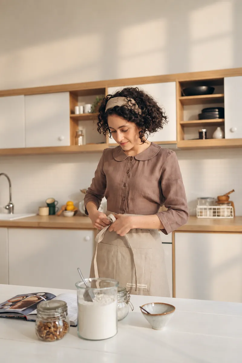 A woman baking in a kitchen in morning light